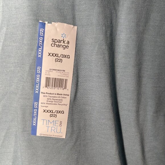 Time & Tru‎ XXXL/3XG Light Blue Long Sleeve Crew Neck Tee Shirt - Picture 3 of 8